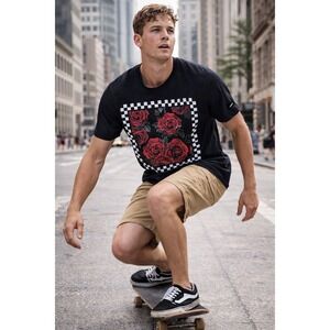 LCM International Mens Black Rose Graphic T-Shirt Checkered Border Medium